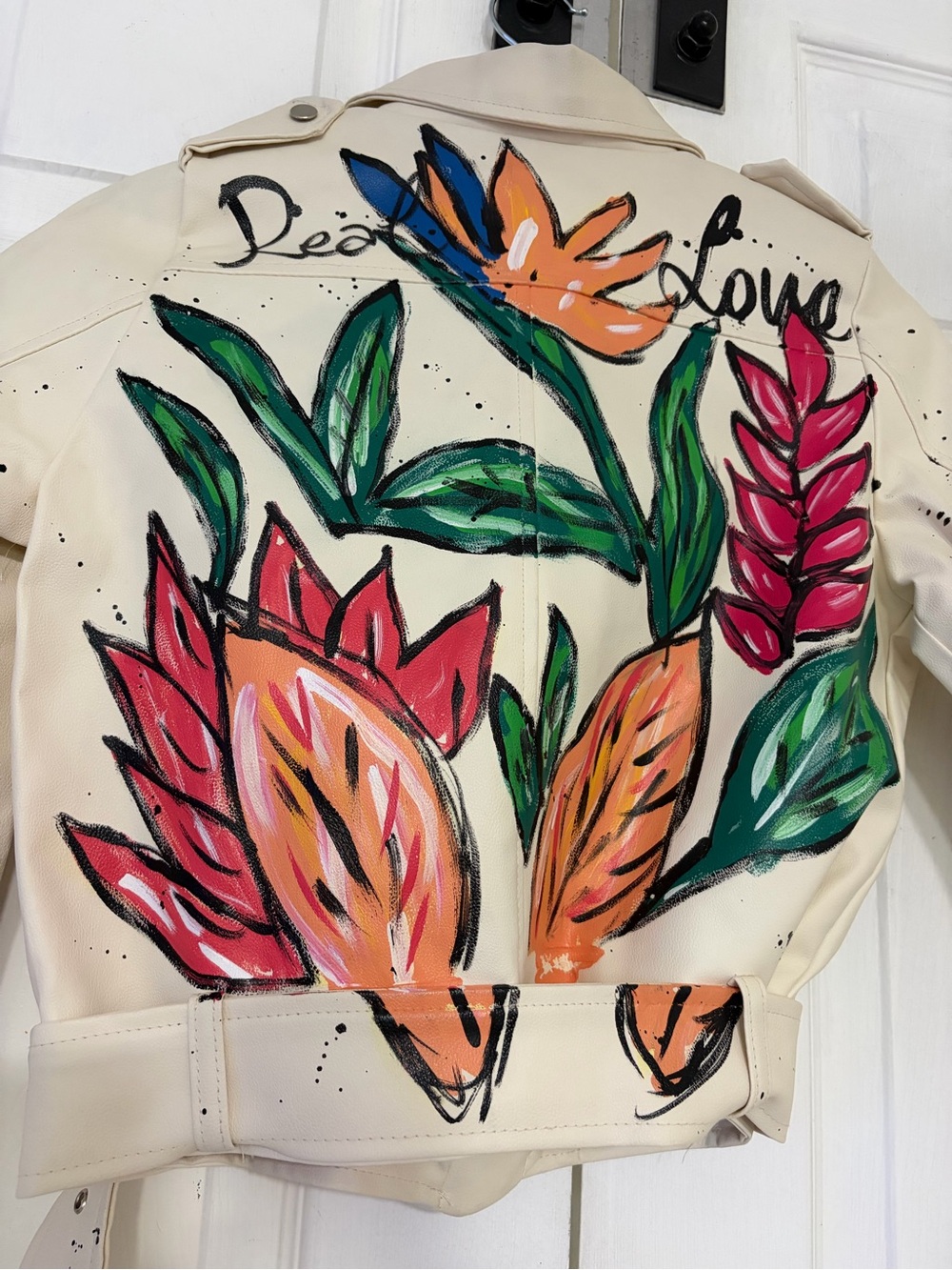 Delvinss Women White Faux Leather Moto Jacket Real Love Painted Floral Graphic